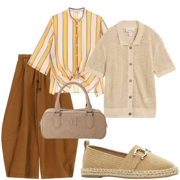 Outfit donna - Settembre. Stile Casual chic per Tutti i giorni. Abbinamento con cardigans, espadrillas, pantaloni, borse a mano, camicie.