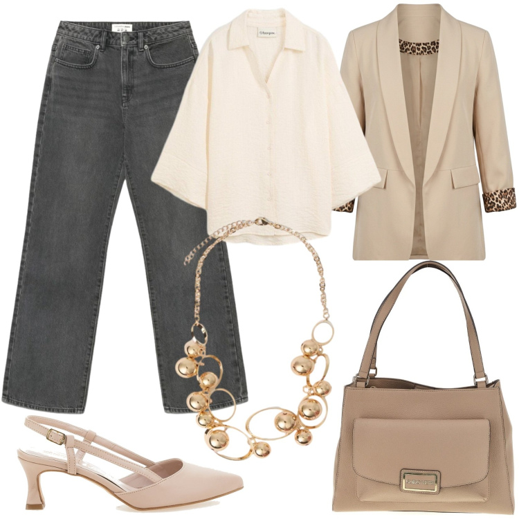 Outfit donna - Raffinata in denim nero. Stile Casual chic per Tutti i giorni. Abbinamento con camicie, jeans dritti, collane, blazer, décolleté, borse a spalla.