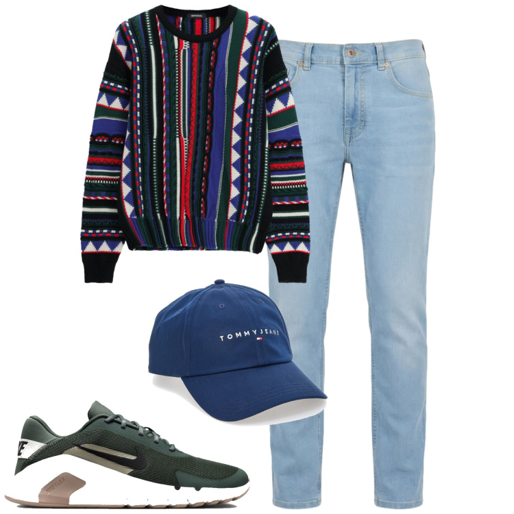 Outfit uomo - Total look #2463789. Stile Casual per Tutti i giorni. Abbinamento con jeans, maglieria, cappelli con visiera, sneakers.