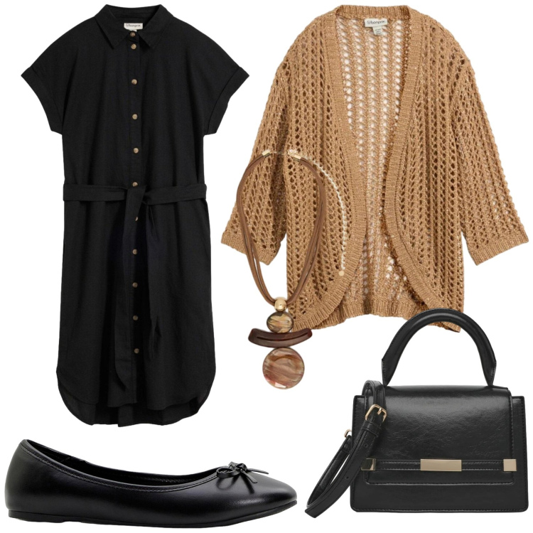 Outfit donna - Look da copiare. Stile Casual chic per Tutti i giorni. Abbinamento con vestiti chemisier, cardigans, ballerine, borse a tracolla, ciondoli.