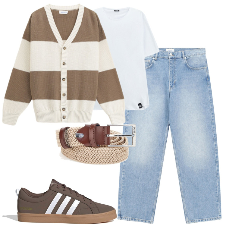Outfit uomo - City. Stile Casual per Tutti i giorni. Abbinamento con cardigans, jeans, t-shirt, cinture, sneakers.