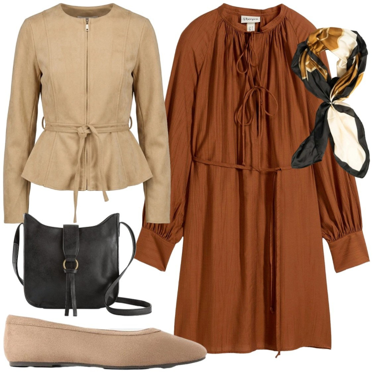 Outfit donna - Colori caldi. Stile Chic per Ufficio. Abbinamento con ballerine, vestiti, borse a tracolla, blazer, foulard.