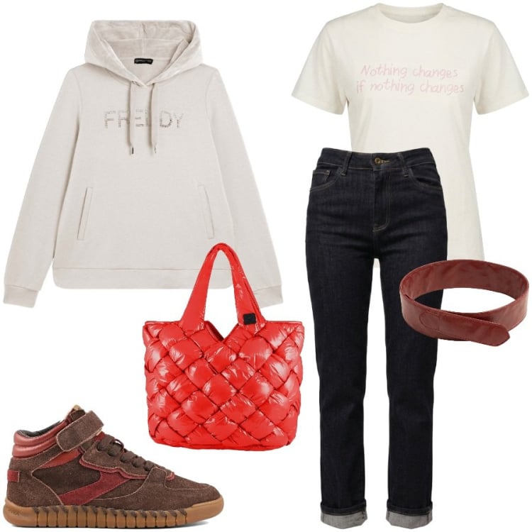 Outfit donna - A lezione. Stile Preppy per Scuola/Università. Abbinamento con felpe con cappuccio, borse tote, jeans dritti, t-shirt, cinture, sneakers.