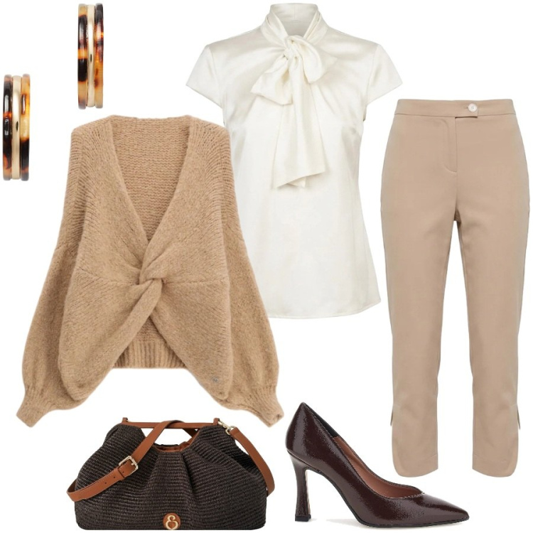 Outfit donna - Impeccabile in ufficio. Stile Chic per Ufficio. Abbinamento con pantaloni, cardigans, clutch, camicie, orecchini, décolleté.