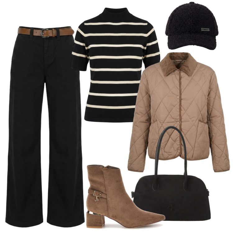 Outfit donna - Layering di settembre. Stile Trendy per Tutti i giorni. Abbinamento con borse a spalla, cappelli con visiera, pantaloni, giacche, maglieria, stivaletti.