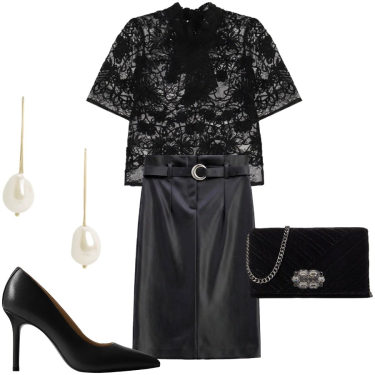 Outfit donna - L\'eleganza del Total Black. Stile Chic per Serata fuori. Abbinamento con top, gonne longuette, décolleté, orecchini, borse a tracolla.