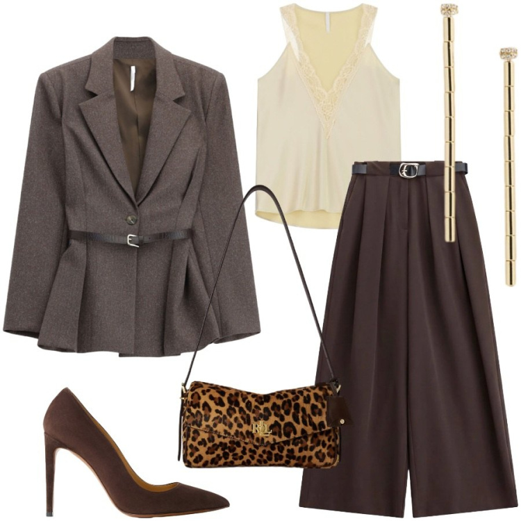 Outfit donna - Stile sartoriale. Stile Chic per Ufficio. Abbinamento con blazer, pantaloni a palazzo, canottiere, orecchini, décolleté, borse a spalla.