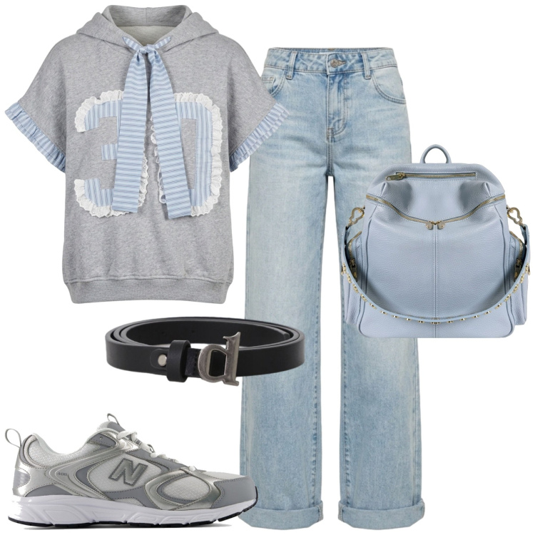 Outfit donna - Settembre. Stile Casual per Tutti i giorni. Abbinamento con cinture, felpe con cappuccio, zaini, jeans, sneakers.
