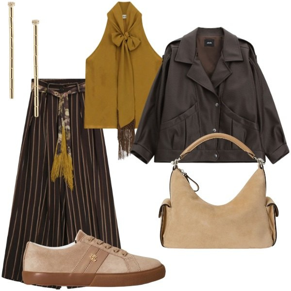 Outfit donna - A cena fuori. Stile Casual chic per Serata fuori. Abbinamento con pantaloni a palazzo, giacche, top, sneakers, orecchini, borse a spalla.