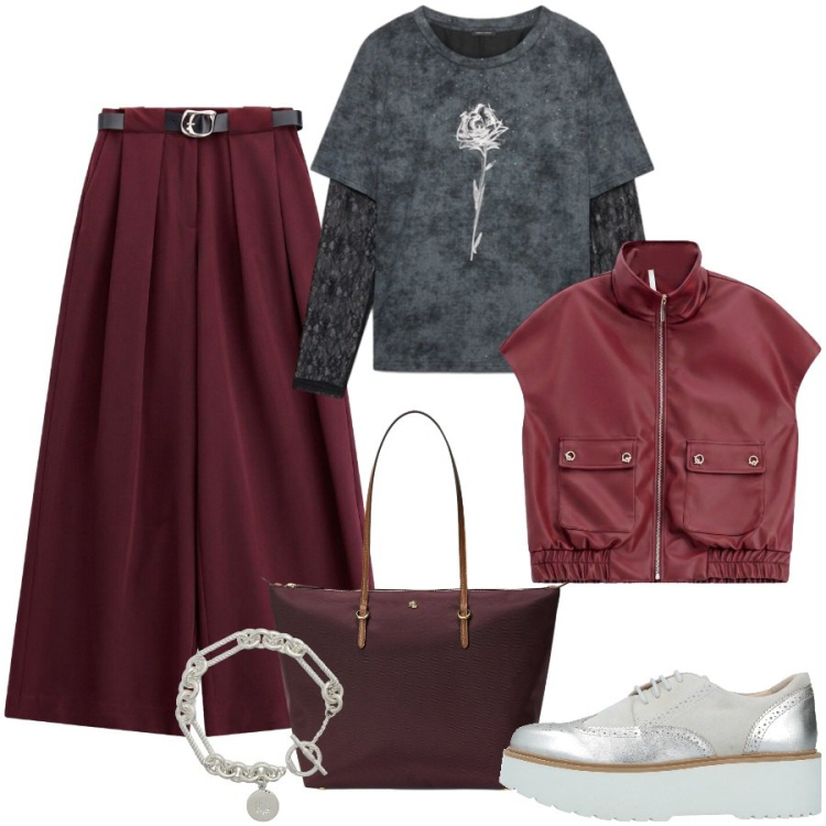 Outfit donna - Lezione all\' università. Stile Casual chic per Cerimonia. Abbinamento con scarpe stringate, pantaloni a palazzo, blazer, t-shirt, braccialetti, borse tote.