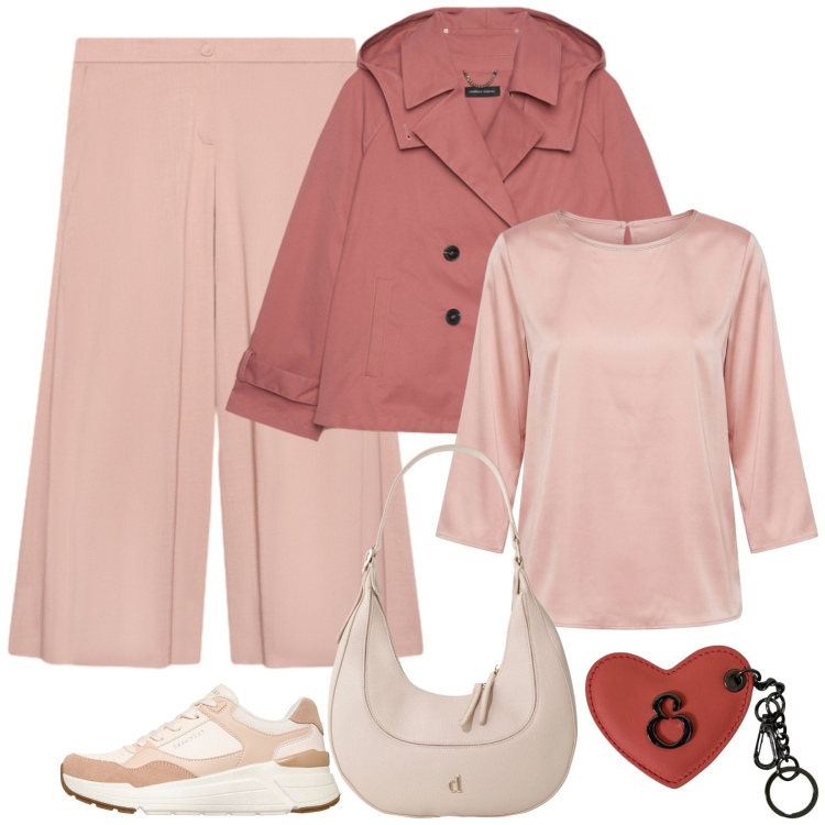 Outfit donna - I pantaloni palazzo in maglina rosa. Stile Chic per Ufficio. Abbinamento con borse a tracolla, trench, pantaloni, portachiavi, bluse, sneakers.