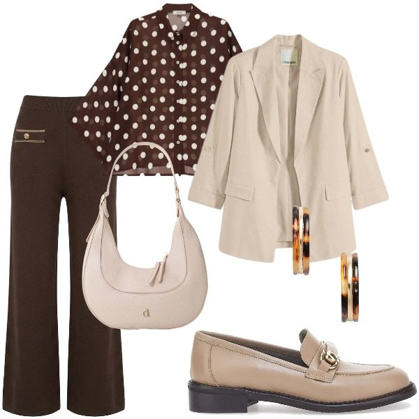 Outfit donna - Andiamo a fare shopping. Stile Casual chic per Tutti i giorni. Abbinamento con blazer, borse a tracolla, camicie, pantaloni, orecchini, mocassini.