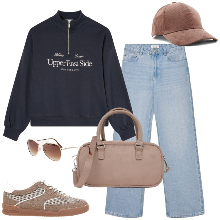 Outfit donna - Settembre. Stile Casual per Tutti i giorni. Abbinamento con occhiali da sole, felpe, jeans, borse a tracolla, cappelli con visiera, sneakers.