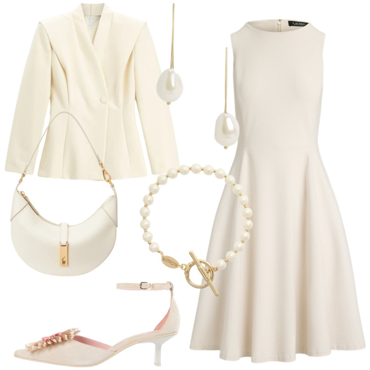 Outfit donna - Elegante chic. Stile Chic per Serata fuori. Abbinamento con décolleté, blazer, borse a spalla, vestiti corti, orecchini, braccialetti.