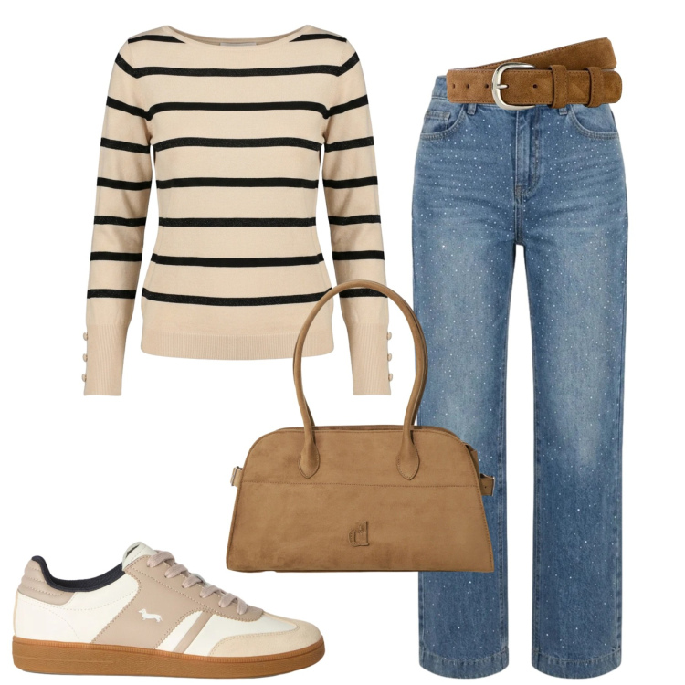 Outfit donna - Settimana. Stile Casual chic per Tutti i giorni. Abbinamento con cinture, sneakers, borse a spalla, maglieria, jeans.