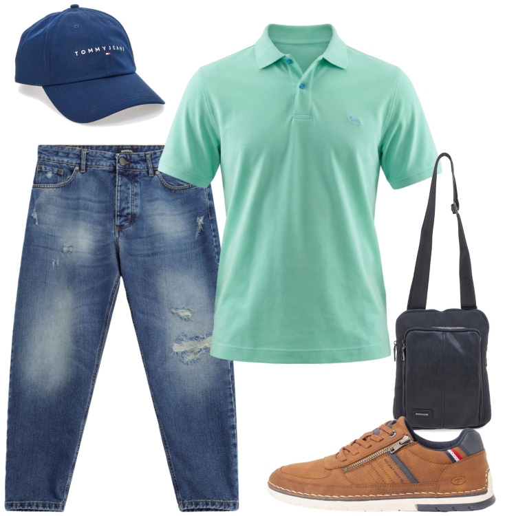 Outfit uomo - Total look #2463831. Stile Casual per Tutti i giorni. Abbinamento con sneakers, polo, jeans strappati, portafogli, cappelli con visiera.