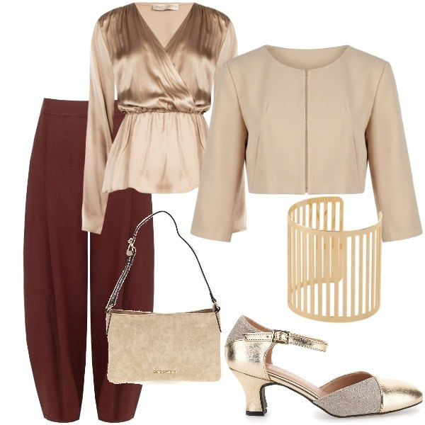 Outfit donna - Compleanno in villa. Stile Chic per Serata fuori. Abbinamento con braccialetti, pantaloni, blazer, bluse, borse a tracolla, scarpe col tacco.
