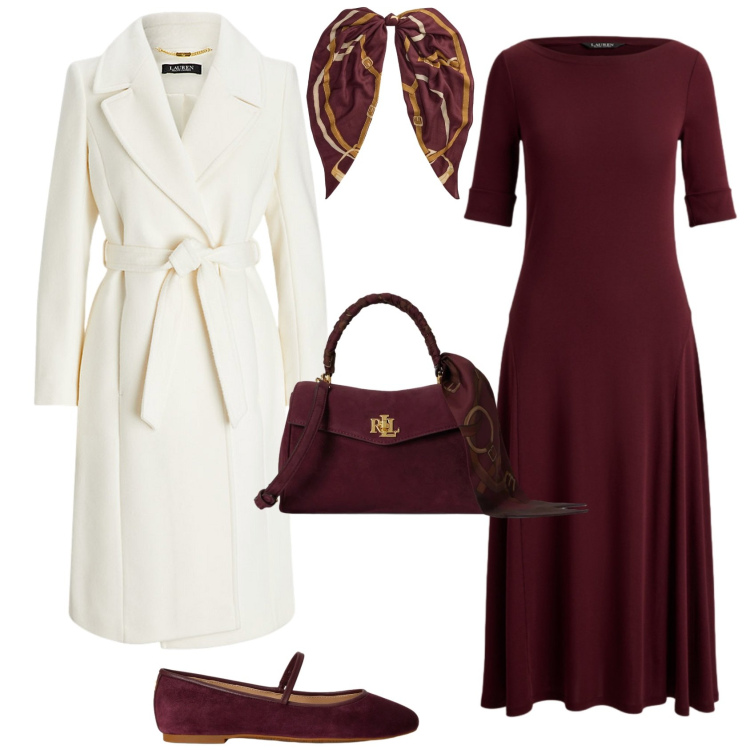 Outfit donna - Autunno con Lauren. Stile Chic per Serata fuori. Abbinamento con vestiti midi/longuette, cappotti, ballerine, foulard, borse a mano.
