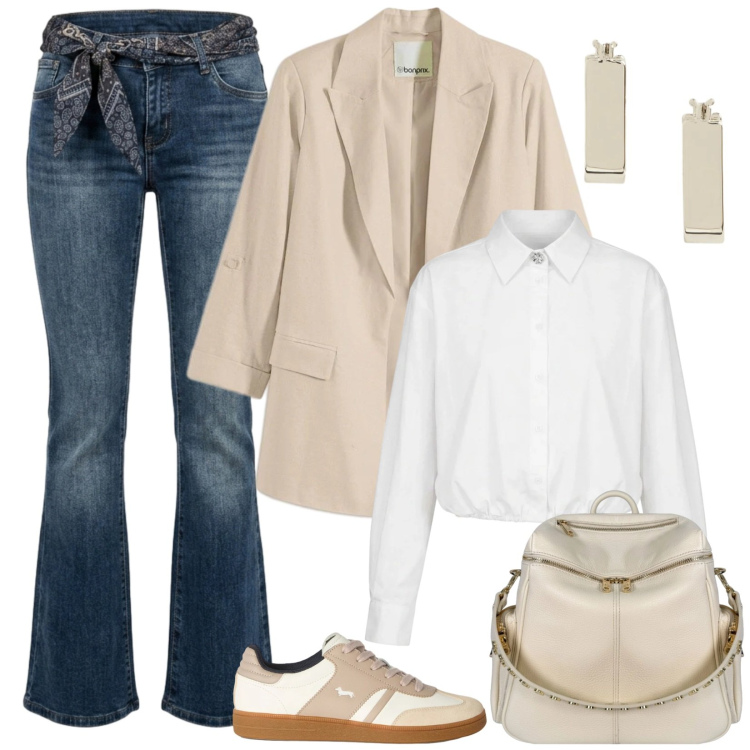 Outfit donna - I jeans flare ed il blazer beige. Stile Casual chic per Tutti i giorni. Abbinamento con blazer, sneakers, zaini, camicie, jeans bootcut, orecchini.