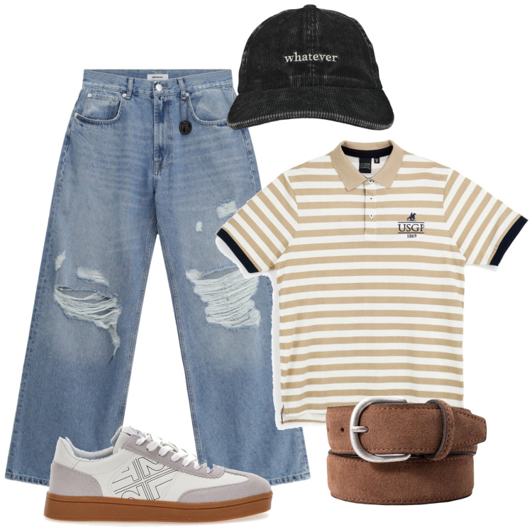 Outfit uomo - Total look #2463844. Stile Casual per Tutti i giorni. Abbinamento con jeans strappati, cappelli, cinture, sneakers, polo.
