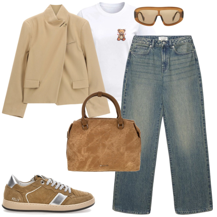Outfit donna - Fall vibes. Stile Casual chic per Tutti i giorni. Abbinamento con jeans dritti, t-shirt, occhiali da sole, blazer, borse a tracolla, sneakers.