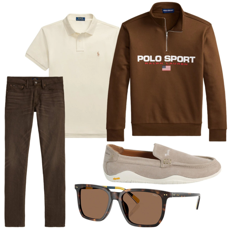 Outfit uomo - Riflessi caldi. Stile Casual per Tutti i giorni. Abbinamento con scarpe stringate, occhiali da sole, polo, jeans, felpe.