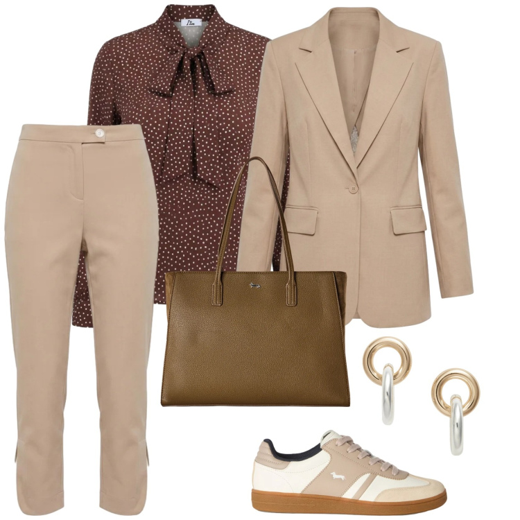 Outfit donna - Autunno settembre. per Ufficio. Abbinamento con pantaloni, shopping bag, sneakers, blazer, bluse, orecchini.