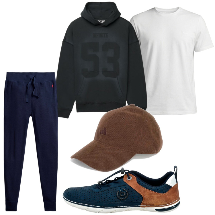 Outfit uomo - Moderno e curato. Stile Casual per Tutti i giorni. Abbinamento con t-shirt, felpe con cappuccio, pantaloni, scarpe stringate, cappelli con visiera.