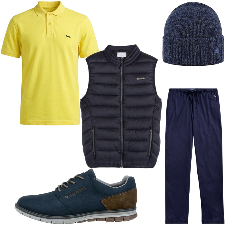 Outfit uomo - Eleganza casual. Stile Casual per Tutti i giorni. Abbinamento con polo, piumini, cappelli, pantaloni, sneakers.