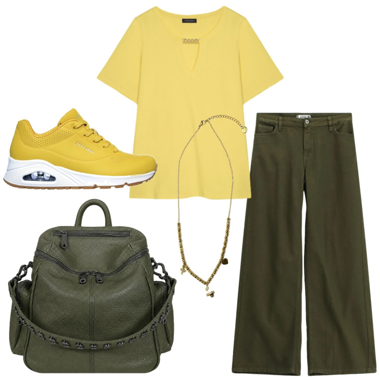 Outfit donna - Oggi splende il sole. Stile Casual per Tutti i giorni. Abbinamento con pantaloni a palazzo, ciondoli, t-shirt, zaini, sneakers.