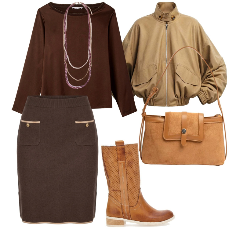 Outfit donna - I colori dell\' autunno. per Tutti i giorni. Abbinamento con bluse, bomber, collane, borse a tracolla, gonne, anfibi.