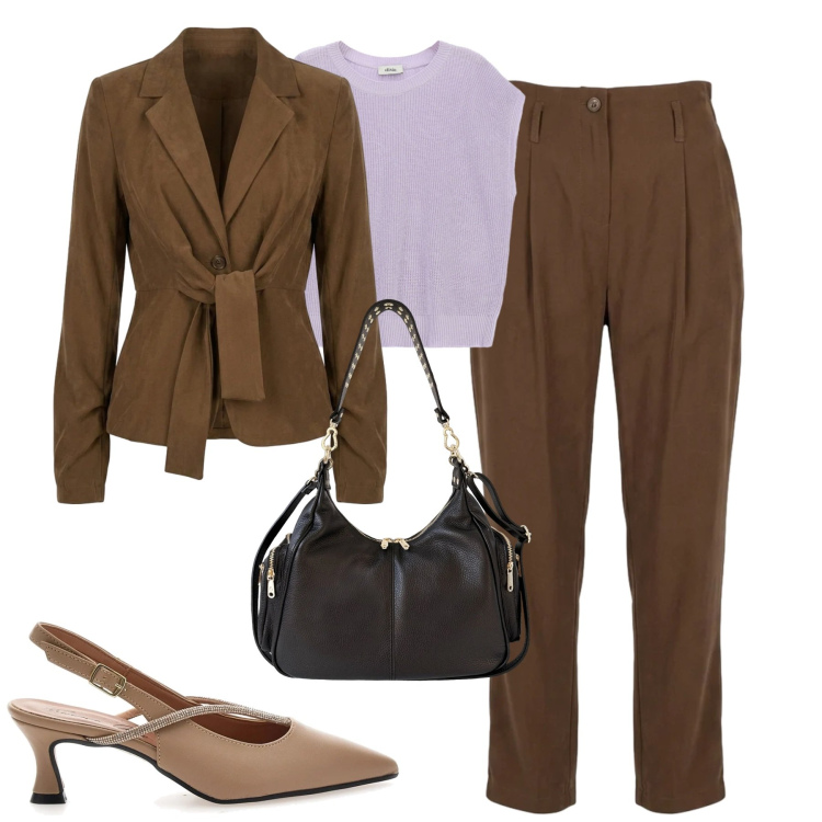 Outfit donna - City. Stile Trendy per Tutti i giorni. Abbinamento con top, borse a spalla, pantaloni, blazer, décolleté.