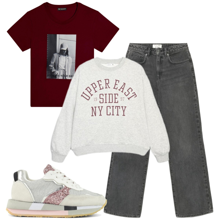 Outfit donna - Settimana. Stile Casual per Tutti i giorni. Abbinamento con jeans dritti, felpe, t-shirt, sneakers.