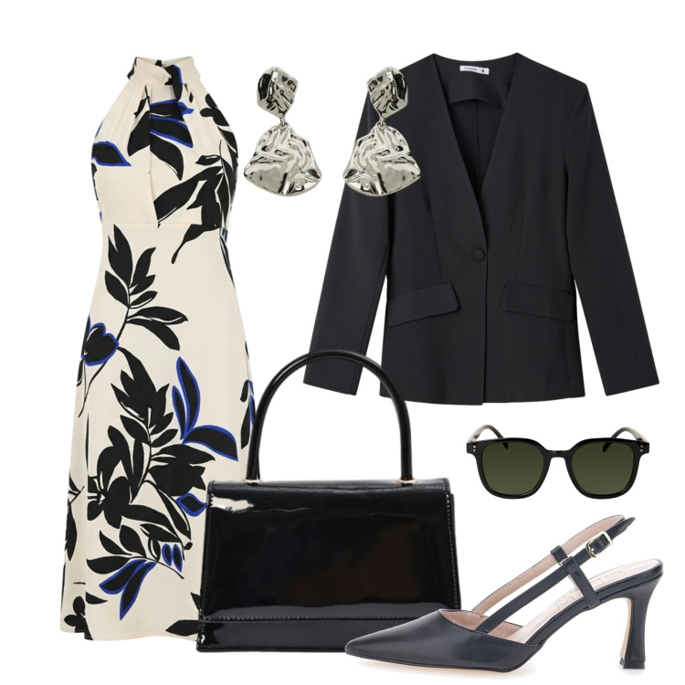 Outfit donna - Foliage sofisticato. Stile Chic per Tutti i giorni. Abbinamento con orecchini, blazer, borse a mano, vestiti midi/longuette, occhiali da sole, décolleté.