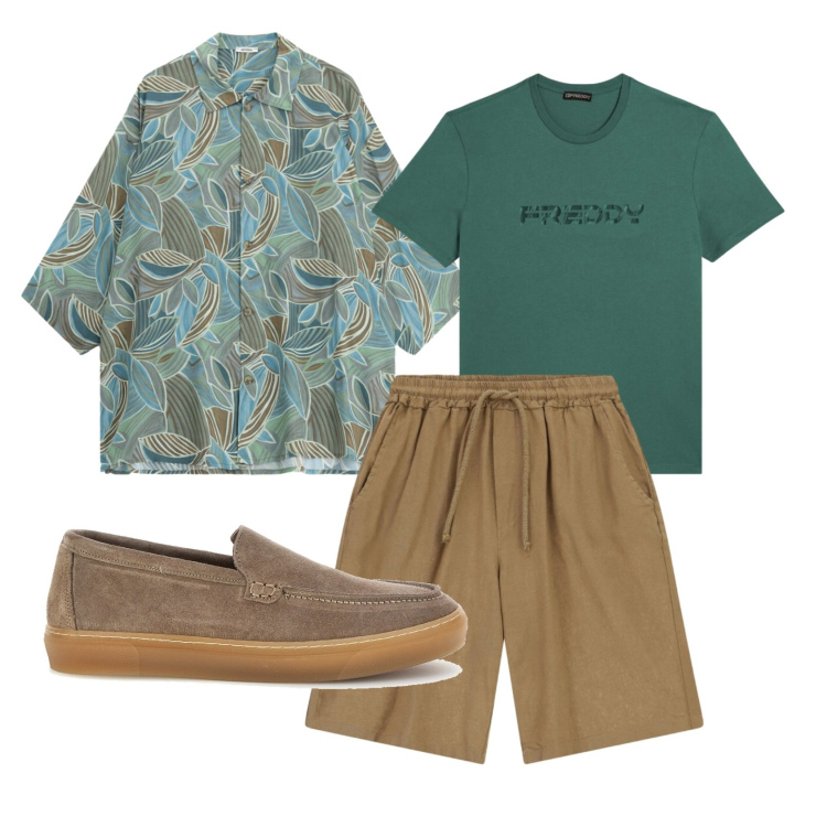 Outfit uomo - Total look #2463881. Stile Trendy per Mare. Abbinamento con bermuda, camicie a manica corta, t-shirt, scarpe stringate.