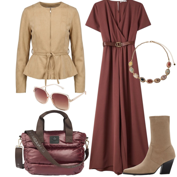 Outfit donna - Total look #2463892. Stile Casual chic per Tutti i giorni. Abbinamento con occhiali da sole, stivaletti, vestiti lunghi, collane, borse a tracolla, blazer.