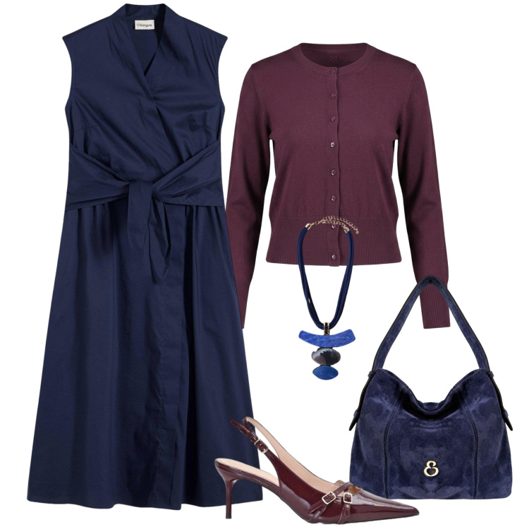 Outfit donna - Eleganza blu e bordeaux. Stile Glamour per Tutti i giorni. Abbinamento con vestiti, décolleté, cardigans, ciondoli, borse a spalla.