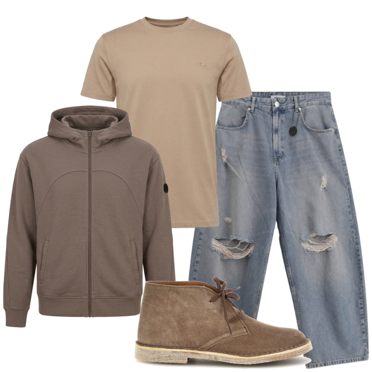 Outfit uomo - Total look #2463895. Stile Trendy per Tutti i giorni. Abbinamento con t-shirt, jeans strappati, stivali e stivaletti, felpe con cappuccio.