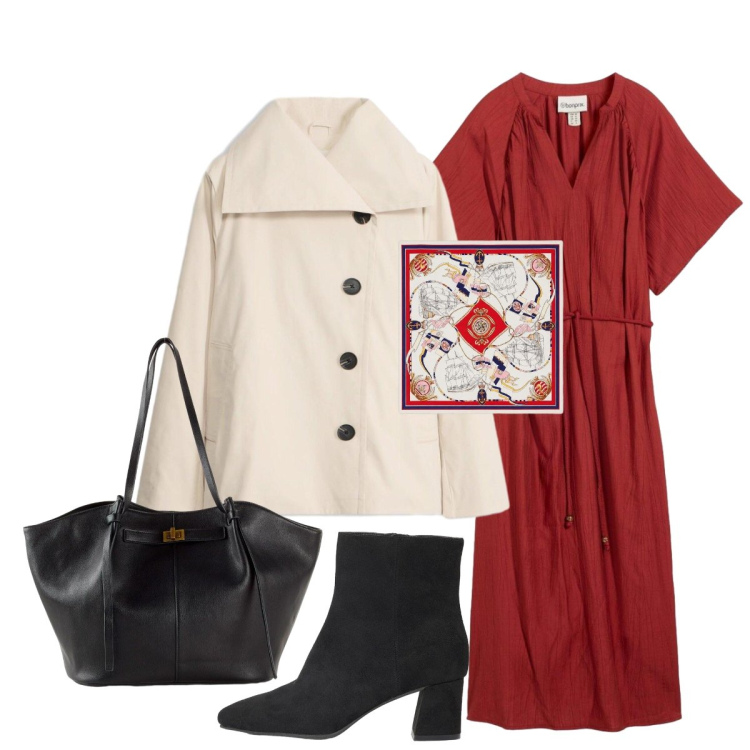 Outfit donna - Back to Office Curvy. Stile Bon Ton per Ufficio. Abbinamento con vestiti midi/longuette, shopping bag, trench, stivaletti, foulard.