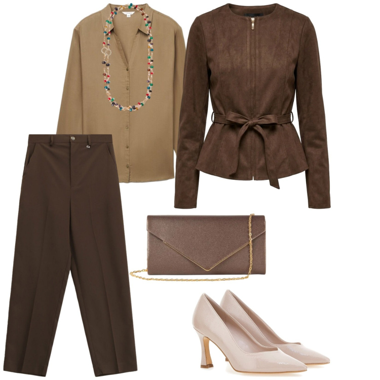 Outfit donna - I colori dell\'autunno. per Tutti i giorni. Abbinamento con pantaloni, camicie, clutch, collane, blazer, décolleté.