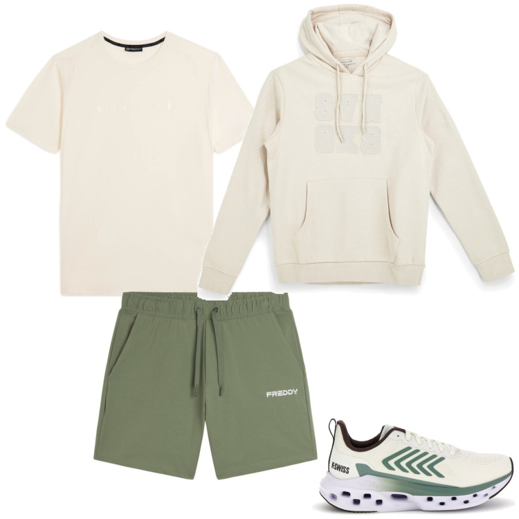 Outfit uomo - Burro e salvia. Stile Casual per Sport. Abbinamento con t-shirt, pantaloni corti, sneakers, felpe con cappuccio.