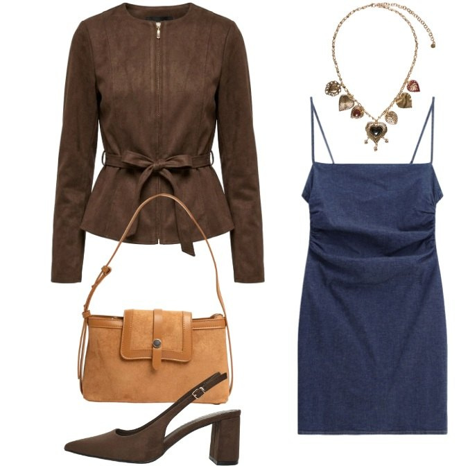 Outfit donna - Verso l\'Autunno. Stile Trendy per Serata fuori. Abbinamento con décolleté, vestiti corti, collane, borse a tracolla, blazer.