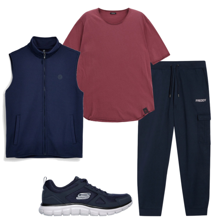 Outfit uomo - Sportivo. Stile Casual per Sport. Abbinamento con t-shirt, pantaloni cargo, sneakers, gilet.