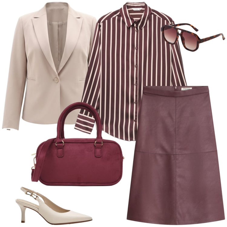 Outfit donna - Total look #2463908. Stile Casual chic per Ufficio. Abbinamento con gonne longuette, occhiali da sole, décolleté, borse a tracolla, camicie, blazer.