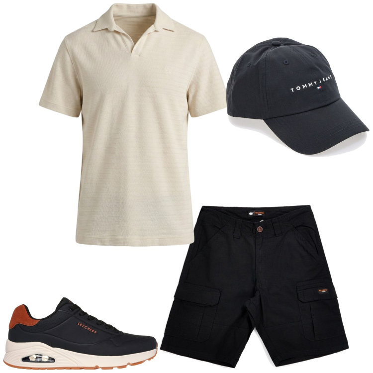 Outfit uomo - Ti passo a prendere. Stile Casual per Tutti i giorni. Abbinamento con polo, cappelli con visiera, bermuda, sneakers.