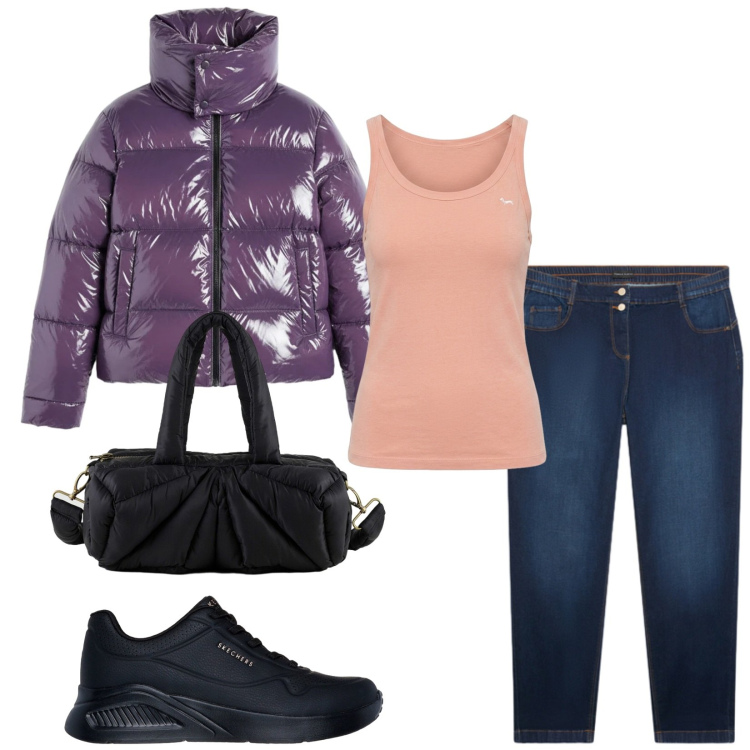 Outfit donna - Total look #2463911. Stile Urban per Tutti i giorni. Abbinamento con canottiere, jeans, piumini, borse a mano, sneakers.