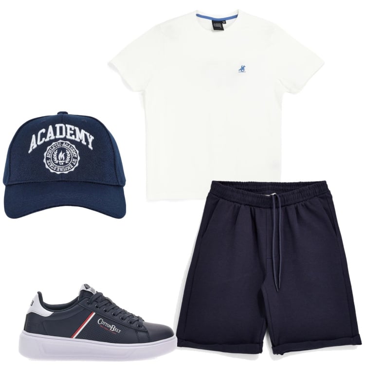 Outfit uomo - Bianco e blu. Stile Casual per Sport. Abbinamento con cappelli con visiera, bermuda, t-shirt, sneakers.
