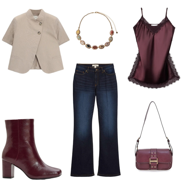 Outfit donna - Uno spritz in compagnia. Stile Casual chic per Serata fuori. Abbinamento con stivaletti, jeans bootcut, blazer, top, collane, borse a tracolla.