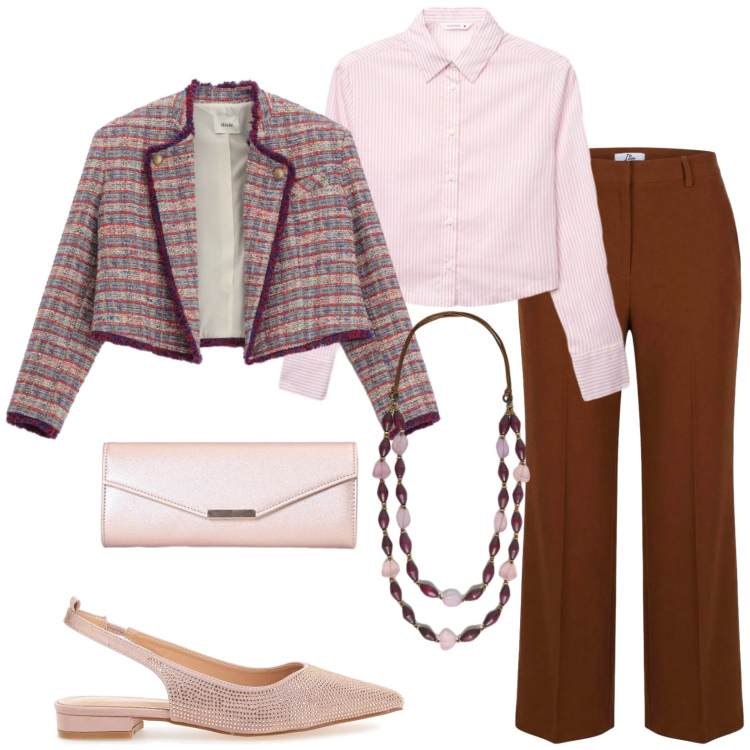 Outfit donna - Ufficio. Stile Casual chic per Ufficio. Abbinamento con blazer, camicie, pantaloni a palazzo, clutch, collane, ballerine.