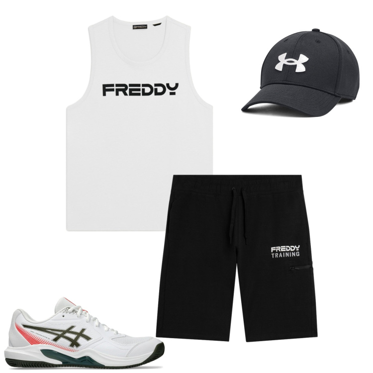 Outfit uomo - Black and White. Stile Casual per Sport. Abbinamento con canottiere, bermuda, cappelli, sneakers.